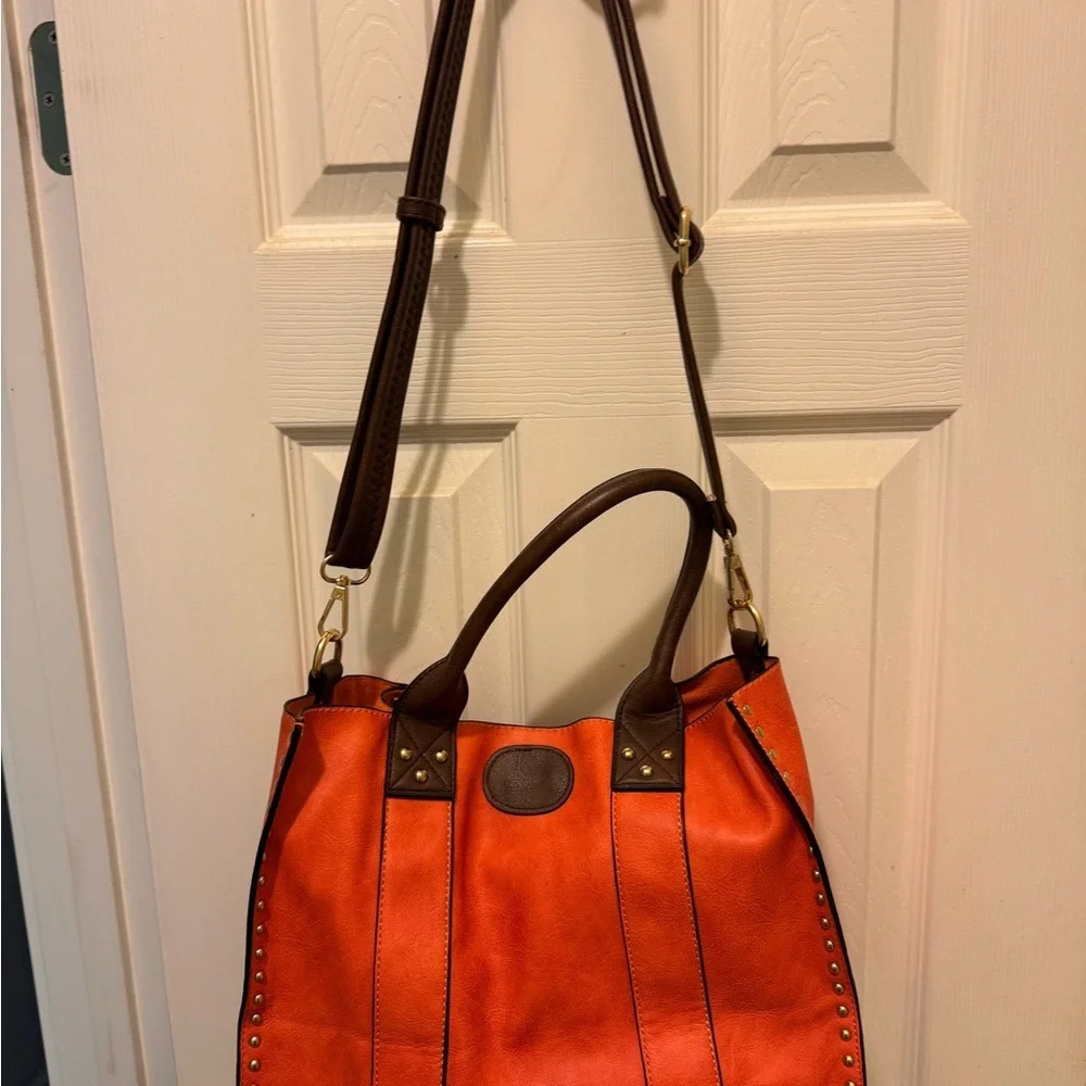 Alyssa Orange and Brown Leather‎ Shoulder Bag with Gold Clasp
